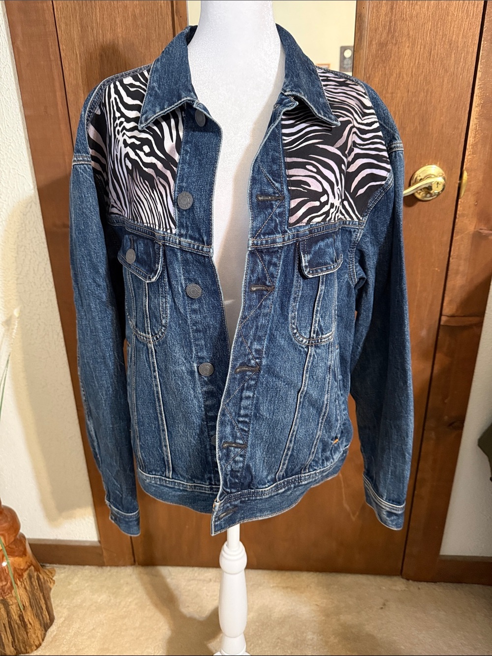 American Eagle Outfitters Blue Denim Jacket with Black & White Zebra Panels